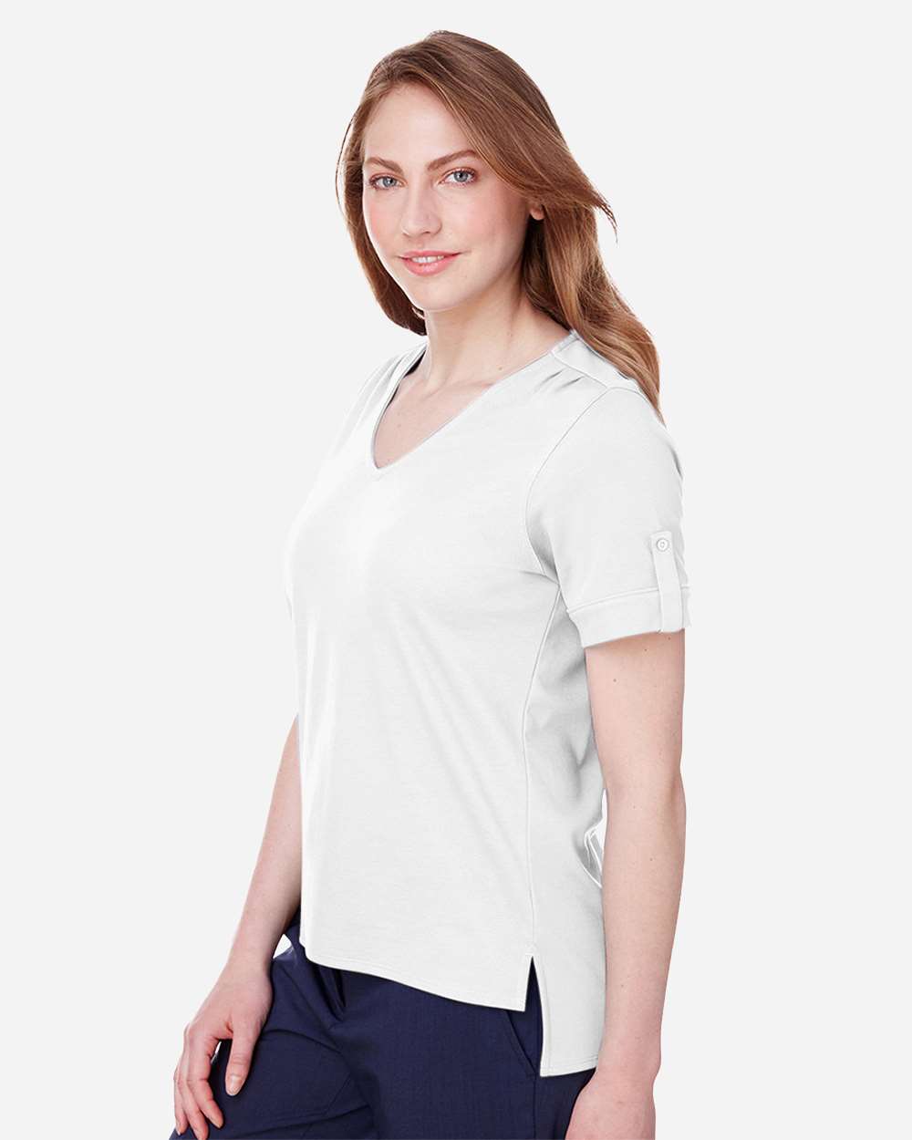 Women's CrownLux Performance® Plaited Rolled Sleeve Shirt - OnModelSide - B641B2002 - White