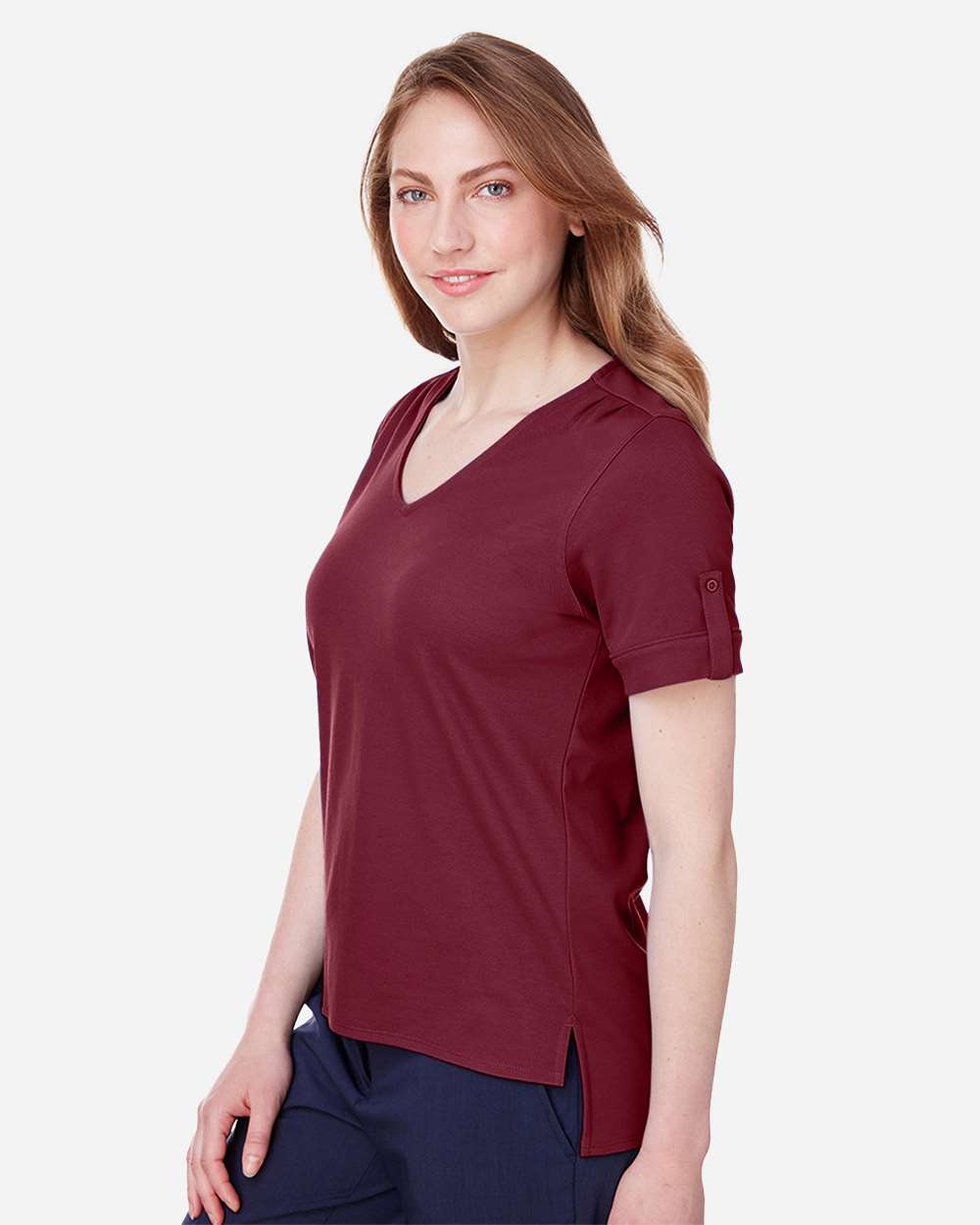 Women's CrownLux Performance® Plaited Rolled Sleeve Shirt - OnModelSide - B641B2322 - Burgundy