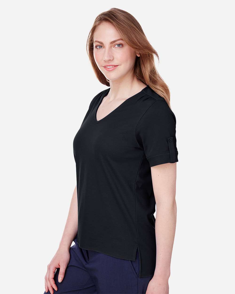 Women's CrownLux Performance® Plaited Rolled Sleeve Shirt - OnModelSide - B641B2502 - Black