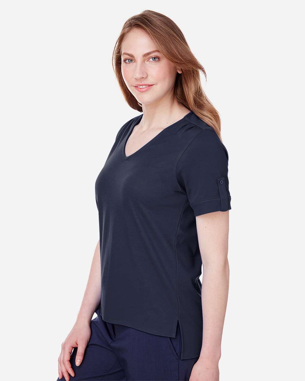 Women's CrownLux Performance® Plaited Rolled Sleeve Shirt - OnModelSide - B641B2652 - Navy