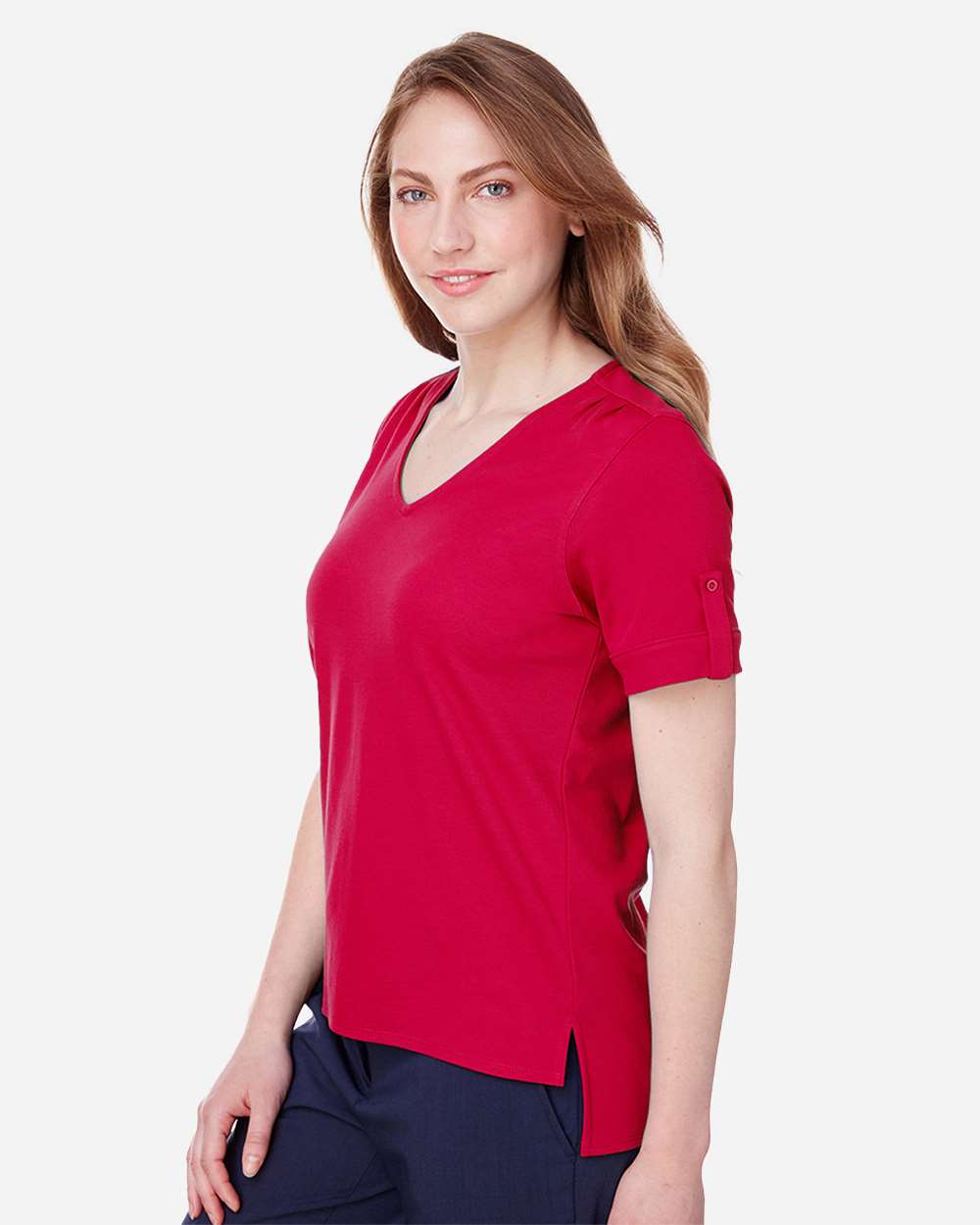 Women's CrownLux Performance® Plaited Rolled Sleeve Shirt - OnModelSide - B641B2702 - Red