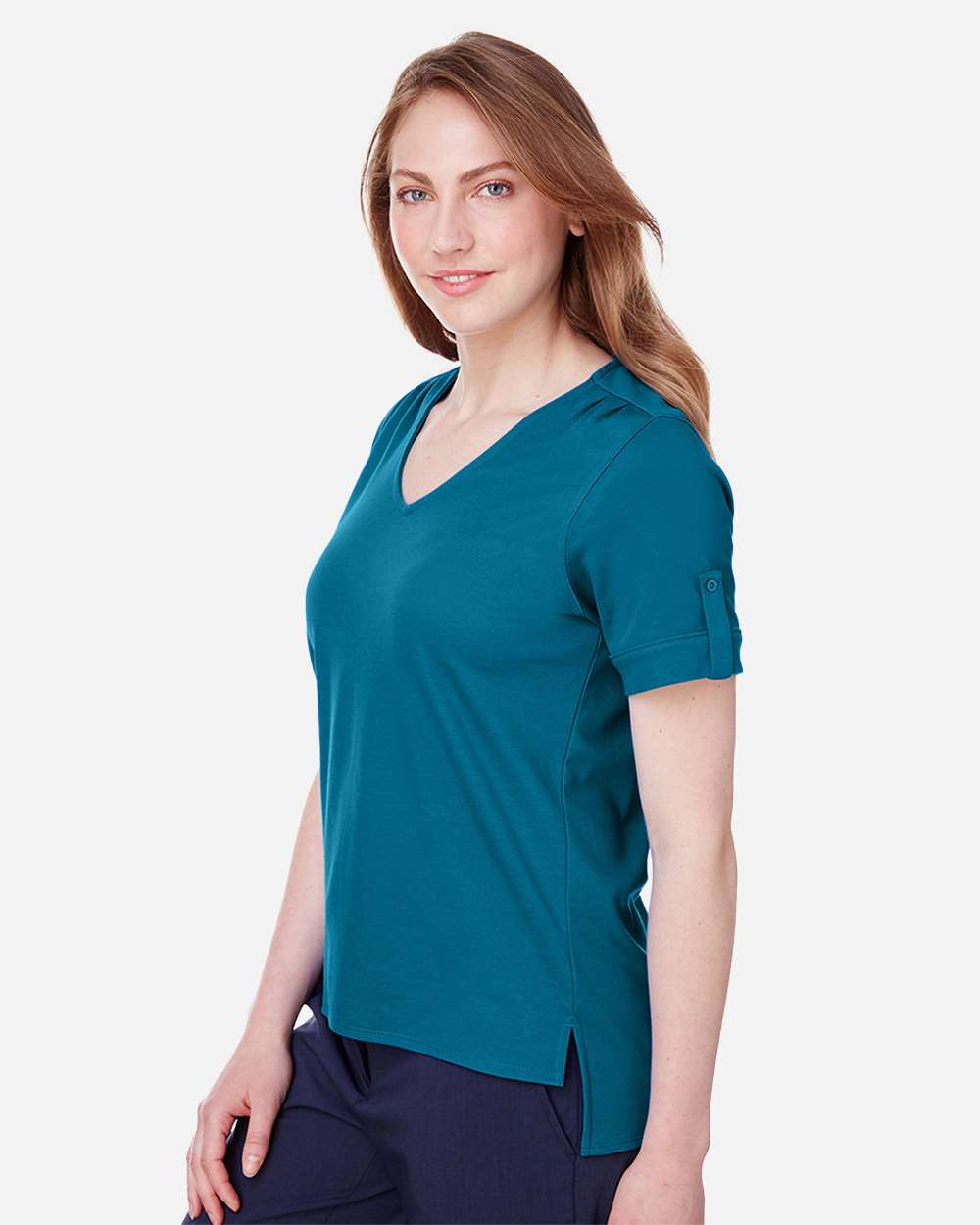 Women's CrownLux Performance® Plaited Rolled Sleeve Shirt - OnModelSide - B641B2782 - Dark Teal