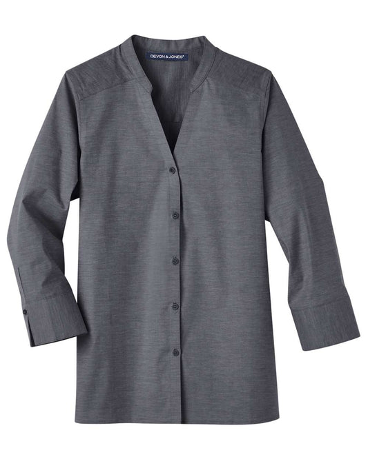 Women's Crown Collection® Stretch Pinpoint Chambra Three-Quarter Sleeve Shirt - Front - B694B2502 - Black