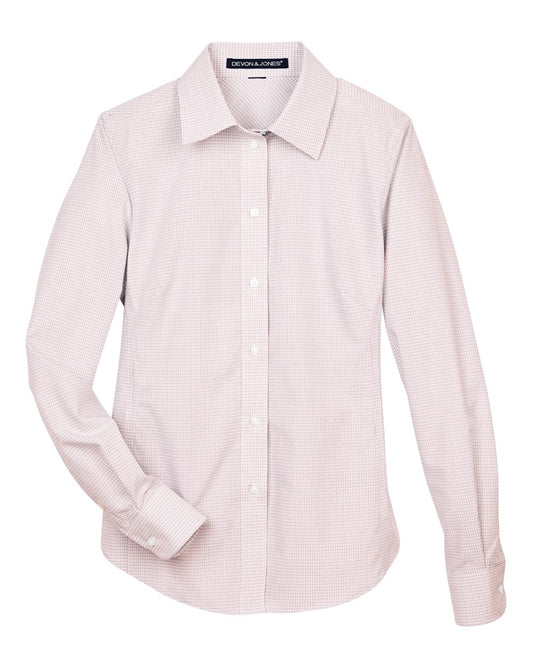 Women's Crown Collection® Micro Tattersall Woven Dress Shirt - Front - B671B2133 - White/ Burgundy/ Silver