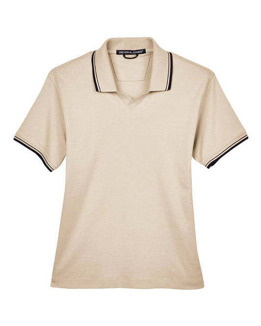 Women's Tipped Perfect Pima Interlock Polo - Front - B596B2734 - Stone/ Navy