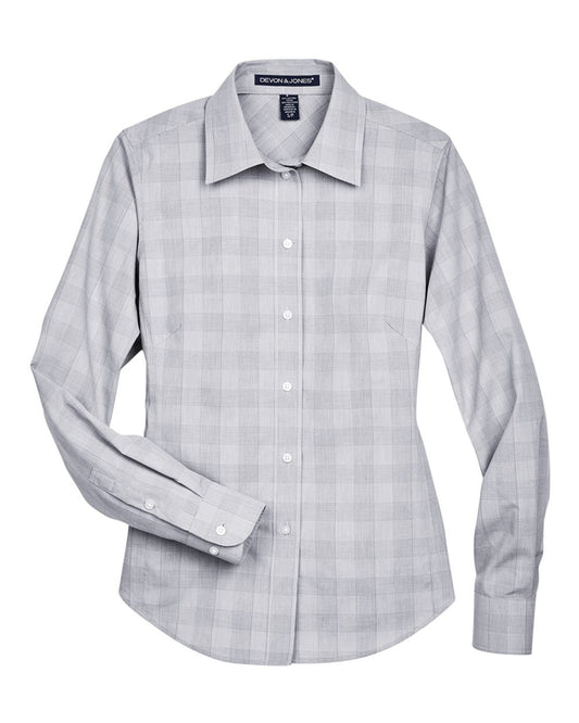 Women's Crown Collection® Glen Plaid Woven Dress Shirt - Front - B673B2003 - White/ Graphite/ Grey Heather