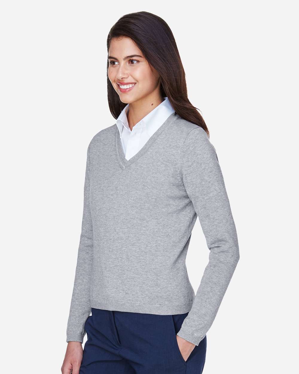 Women's V-Neck Sweater - OnModelSide - B806B2354 - Grey Heather