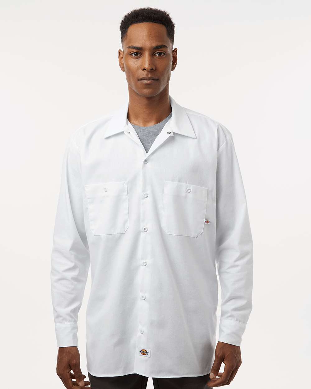 Men's Industrial Long Sleeve Work Shirt - OnModelFront - B09830003 - White
