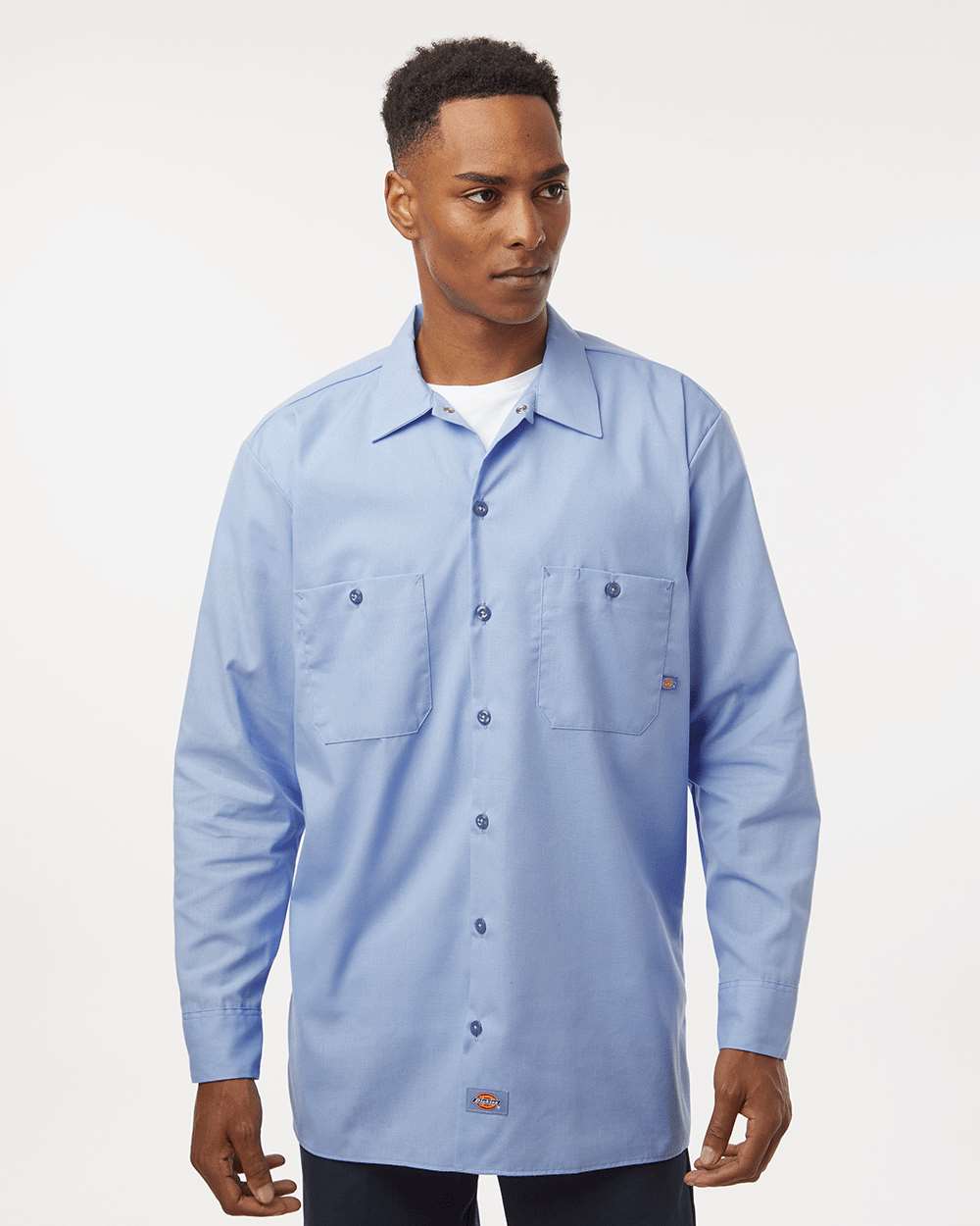 Men's Industrial Long Sleeve Work Shirt - OnModelFront - B09830253 - Light Blue