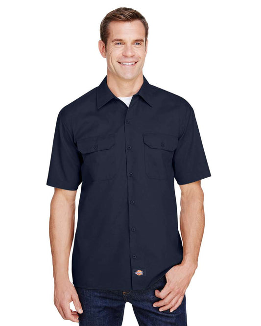 Men's FLEX Short Sleeve Twill Work Shirt - OnModelFront - B365E6657 - Dark Navy