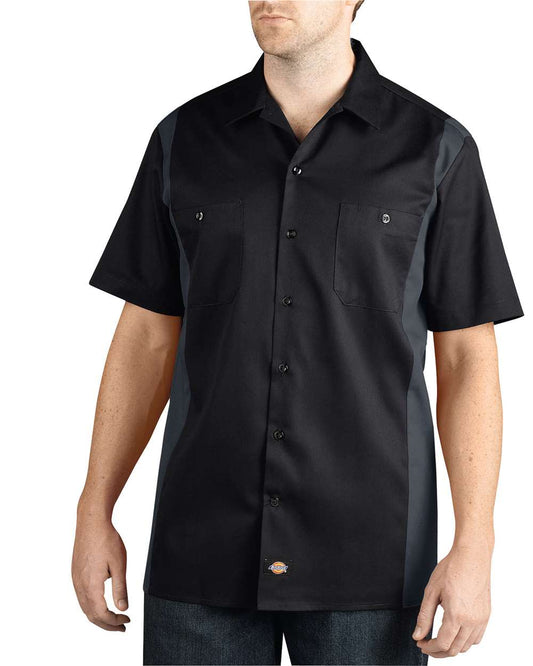 Men's Two-Tone Short Sleeve Work Shirt - OnModelFront - B363E6505 - Black/ Charcoal