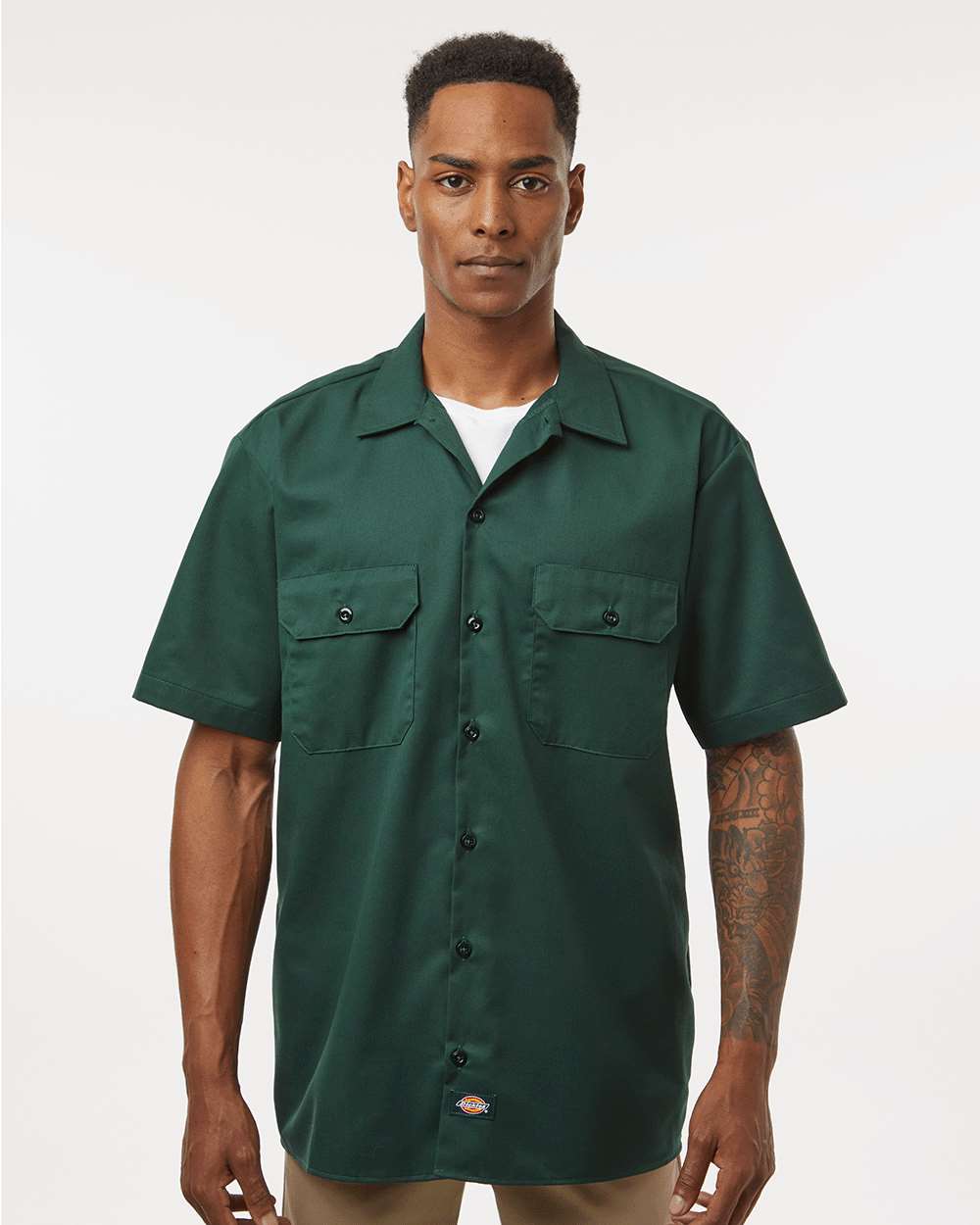 Men's Short Sleeve Work Shirt - OnModelFront - B61630543 - Hunter Green