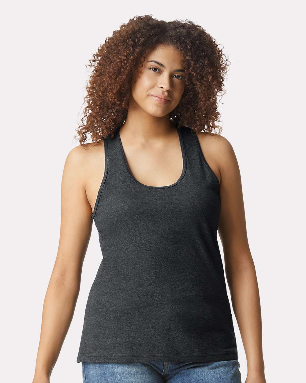 Women's Softstyle® CVC Racerback Tank Top - OnModelFront - B02160103 - Pitch Black Mist