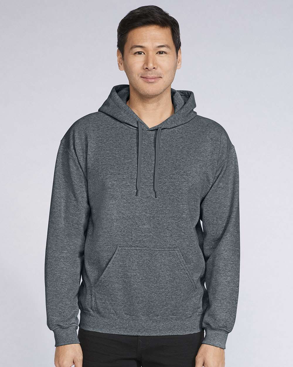 Unisex Softstyle® Midweight Hooded Sweatshirt - OnModelFront - B24160103 - Dark Heather