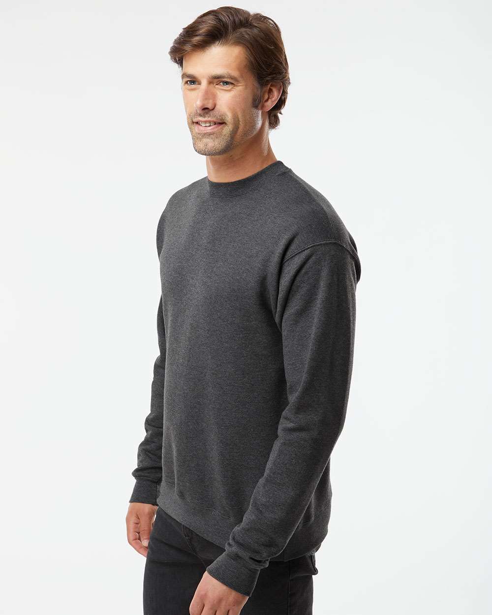 Unisex Perfect Sweats Crewneck Sweatshirt - OnModelSide - B02800093 - Charcoal Heather