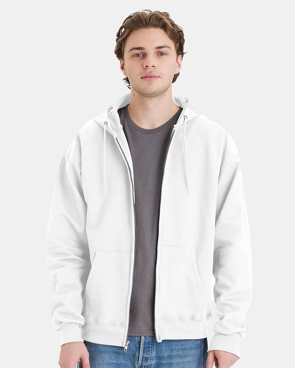 Unisex Ultimate Cotton® Full-Zip Hooded Sweatshirt - OnModelFront - B20400003 - White