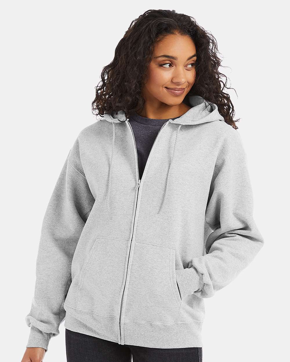 Unisex Ultimate Cotton® Full-Zip Hooded Sweatshirt - OnModelFront - B20400023 - Ash