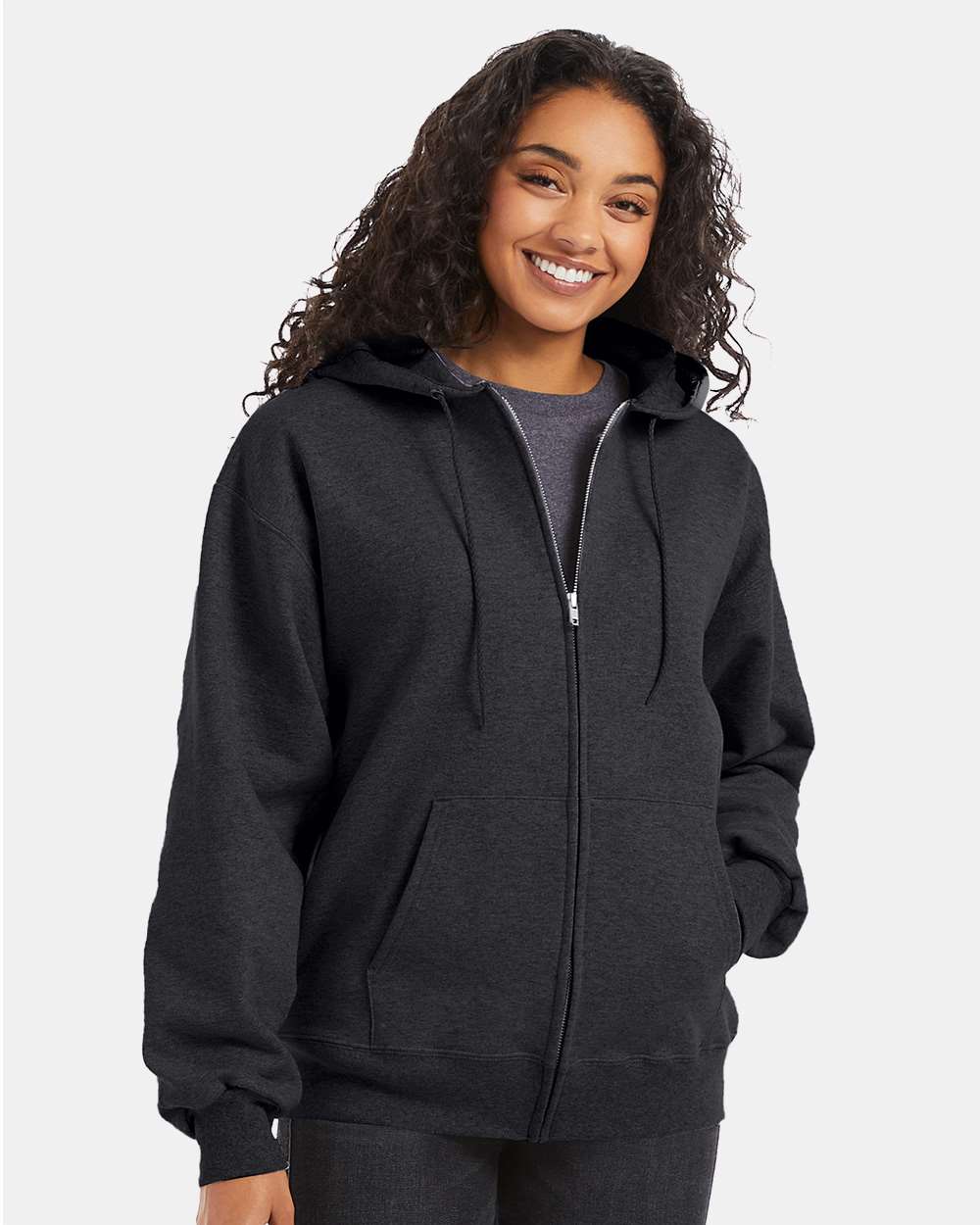 Unisex Ultimate Cotton® Full-Zip Hooded Sweatshirt - OnModelFront - B20400093 - Charcoal Heather