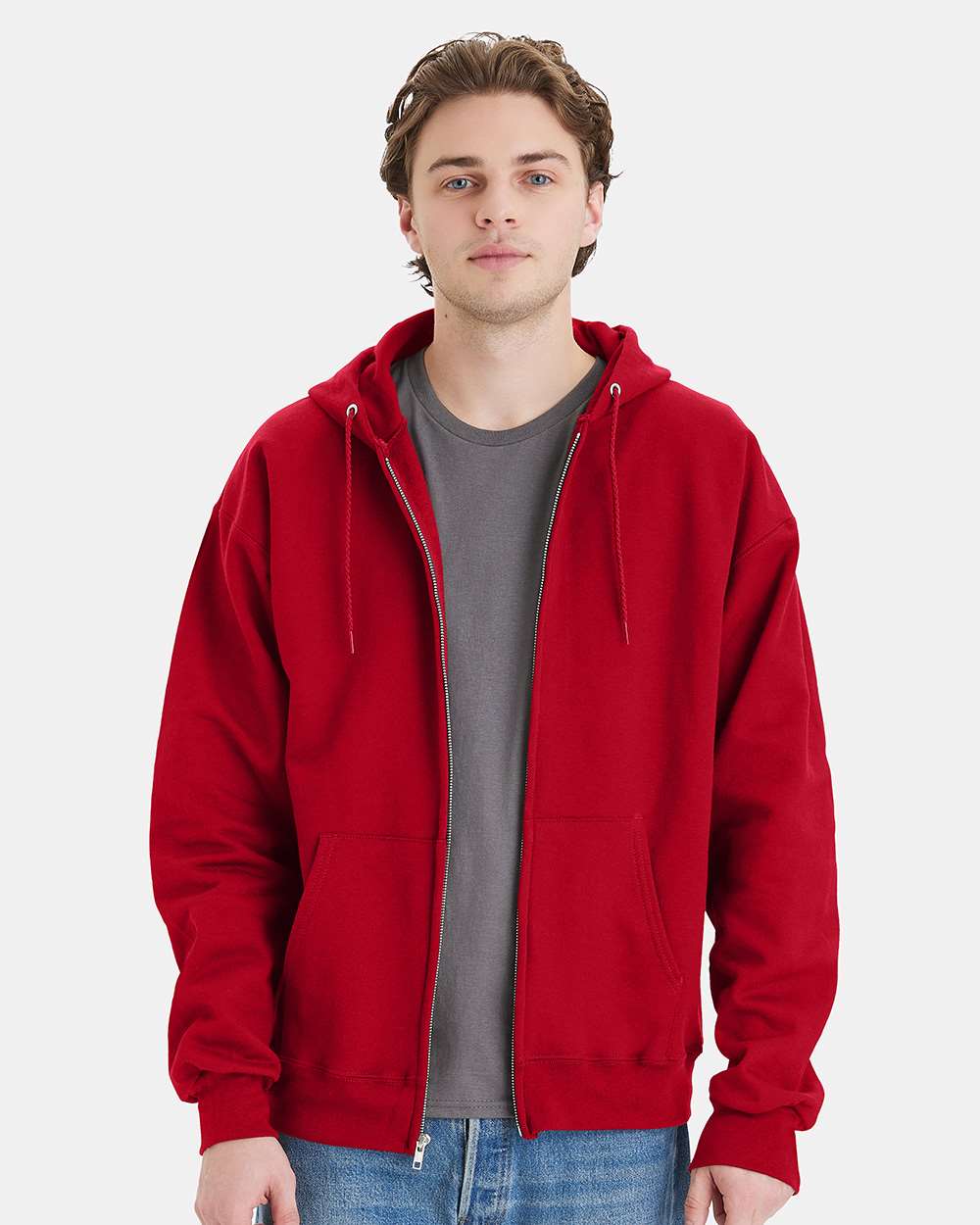 Unisex Ultimate Cotton® Full-Zip Hooded Sweatshirt - OnModelFront - B20400223 - Deep Red