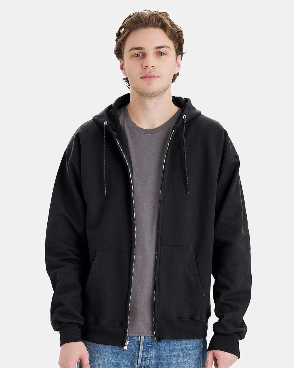 Unisex Ultimate Cotton® Full-Zip Hooded Sweatshirt - OnModelFront - B20400503 - Black