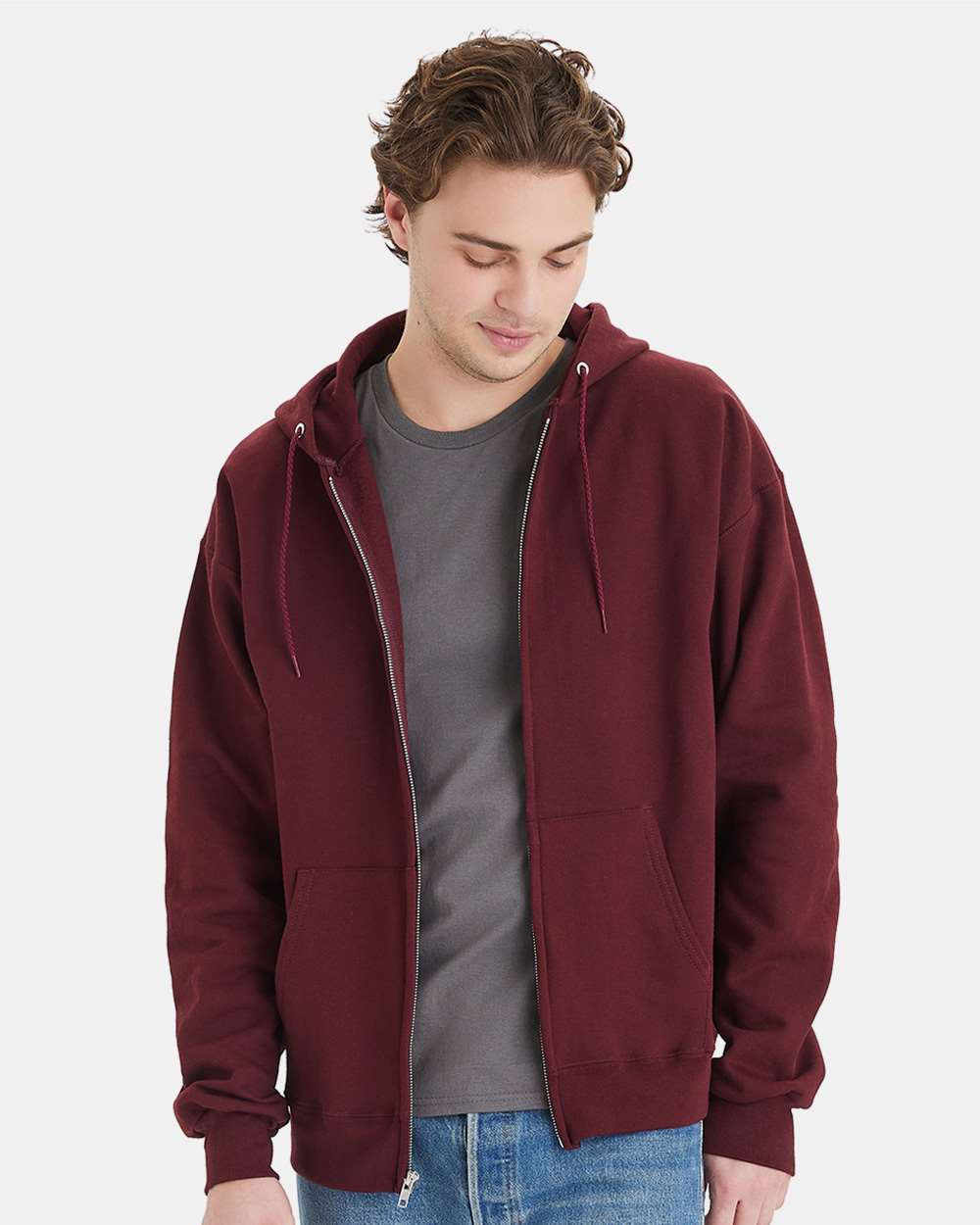 Unisex Ultimate Cotton® Full-Zip Hooded Sweatshirt - OnModelFront - B20400533 - Maroon