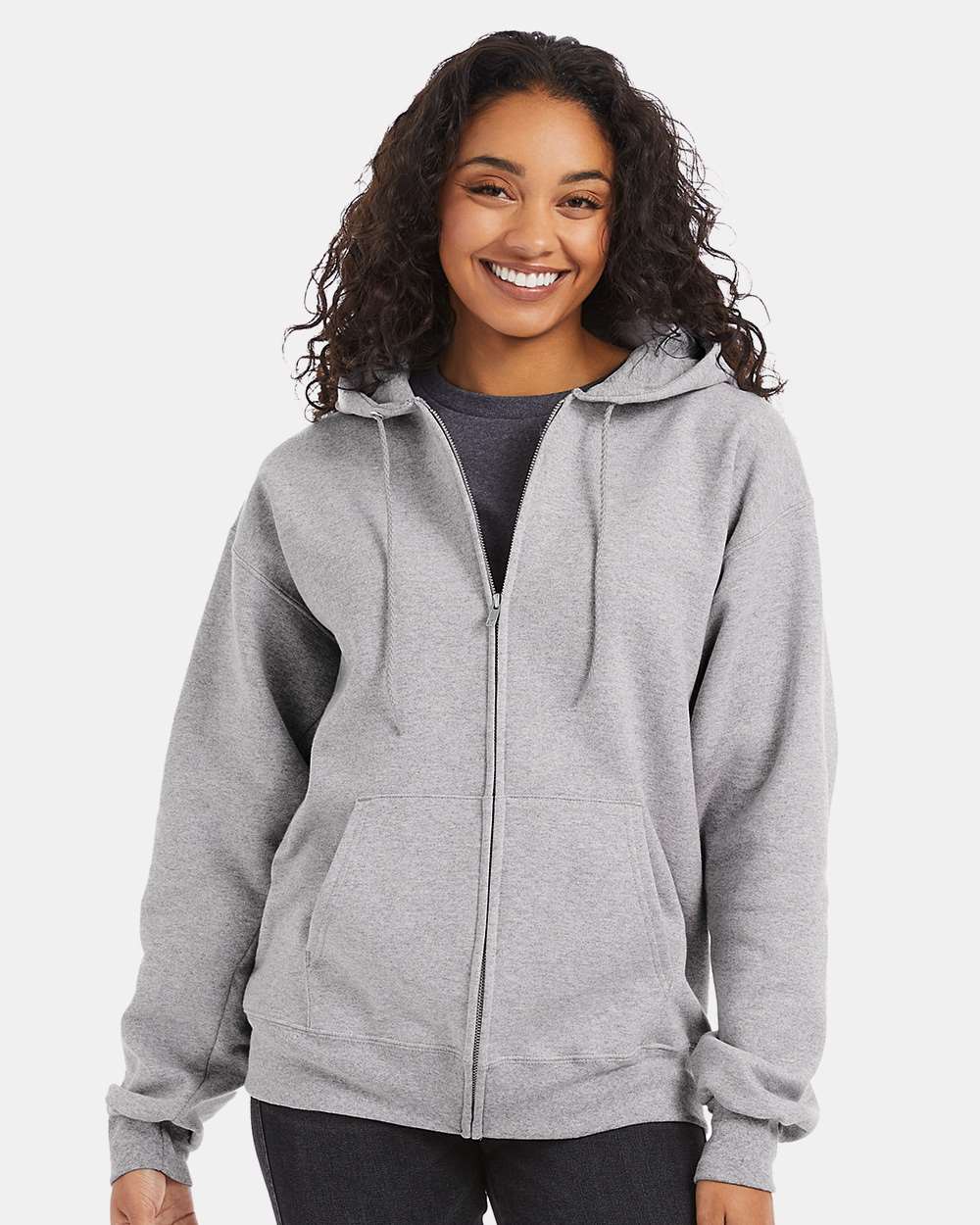 Unisex Ultimate Cotton® Full-Zip Hooded Sweatshirt - OnModelFront - B20400583 - Light Steel