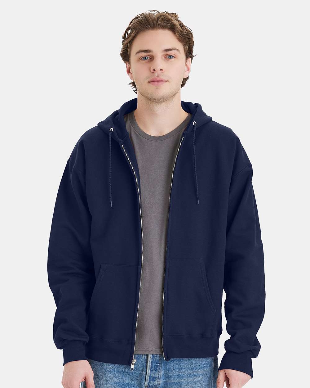Unisex Ultimate Cotton® Full-Zip Hooded Sweatshirt - OnModelFront - B20400653 - Navy