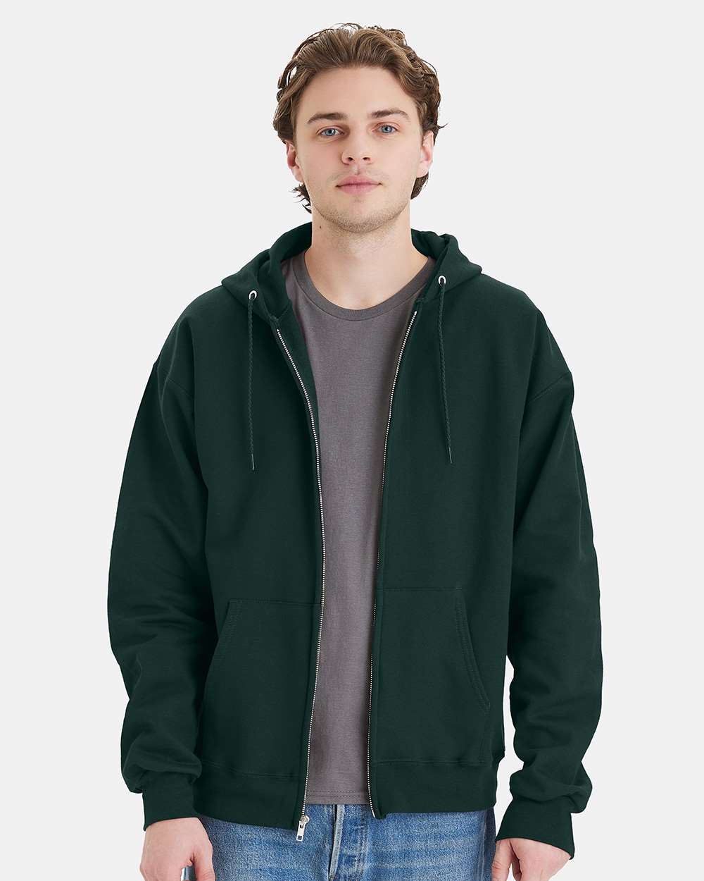 Unisex Ultimate Cotton® Full-Zip Hooded Sweatshirt - OnModelFront - B20400873 - Deep Forest