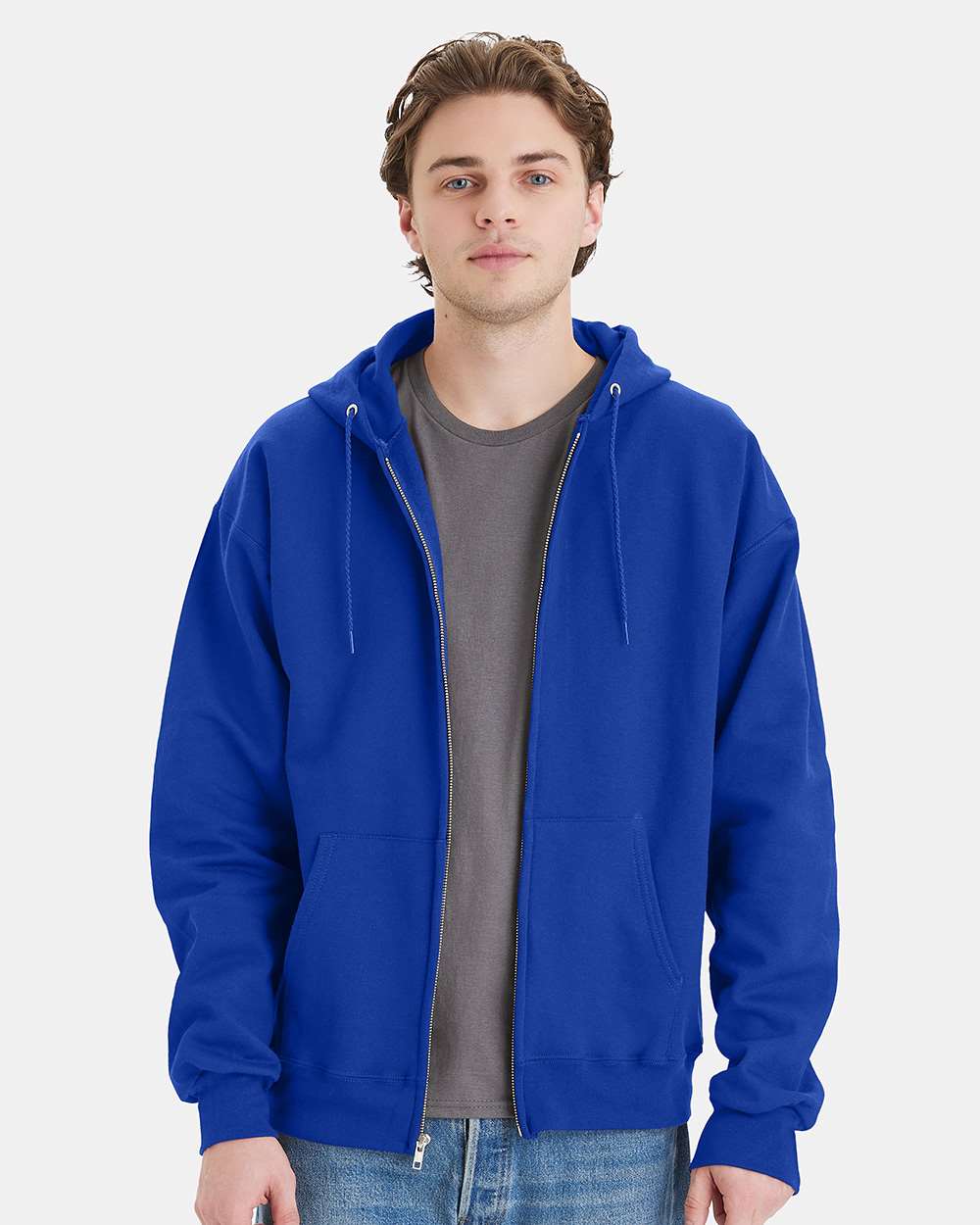 Unisex Ultimate Cotton® Full-Zip Hooded Sweatshirt - OnModelFront - B20400883 - Deep Royal