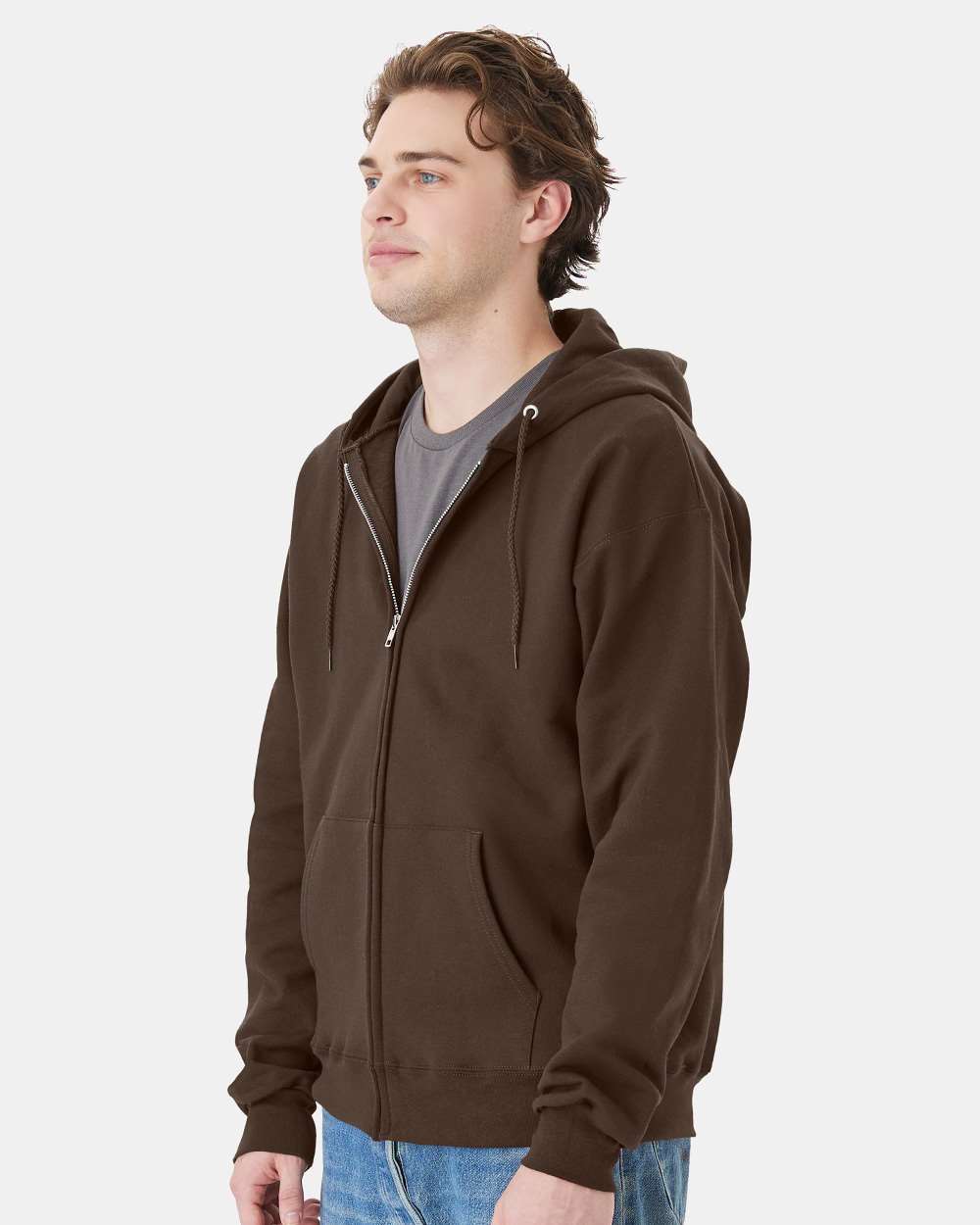 Unisex Ultimate Cotton® Full-Zip Hooded Sweatshirt - OnModelSide - B20400053 - Dark Chocolate