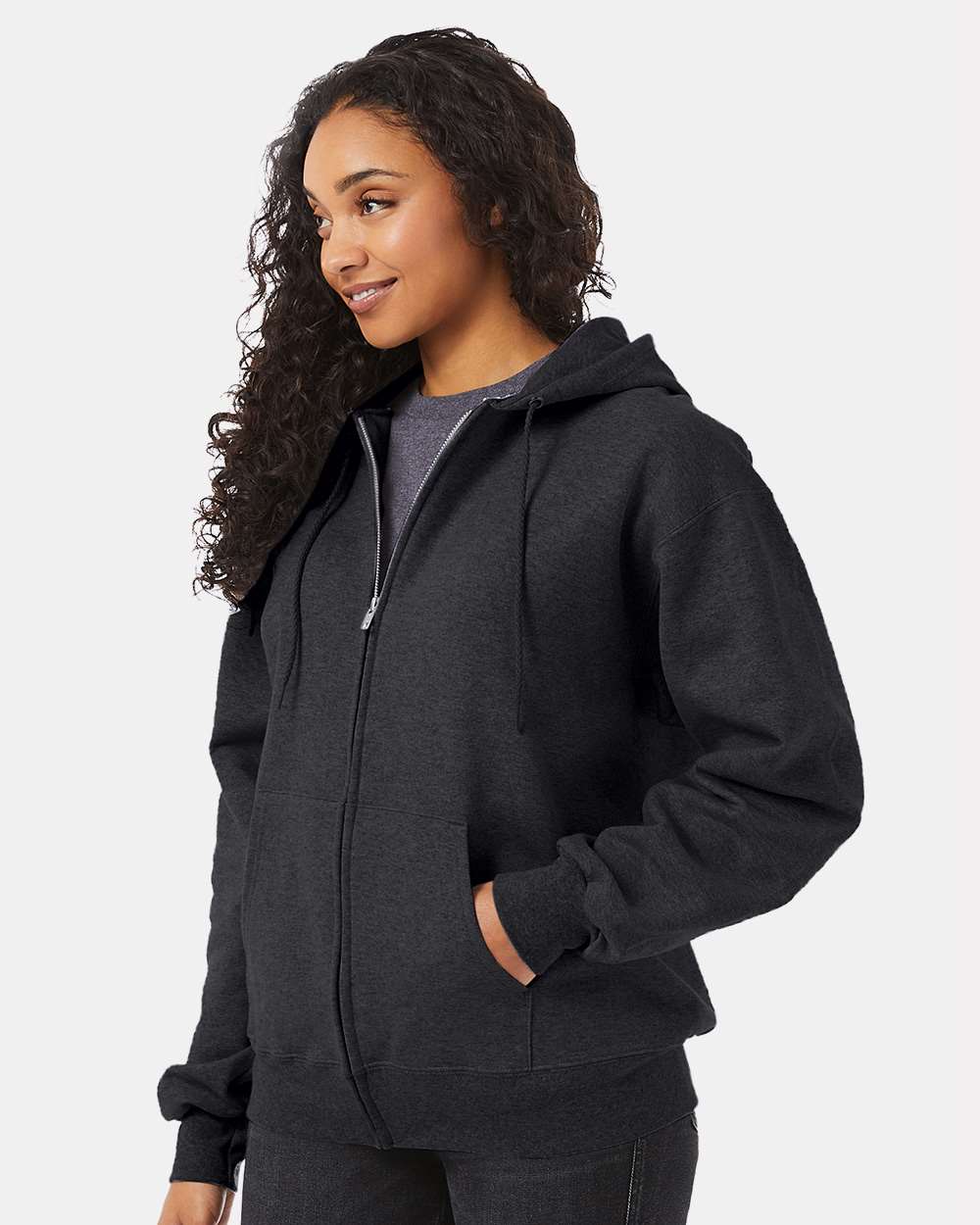 Unisex Ultimate Cotton® Full-Zip Hooded Sweatshirt - OnModelSide - B20400093 - Charcoal Heather