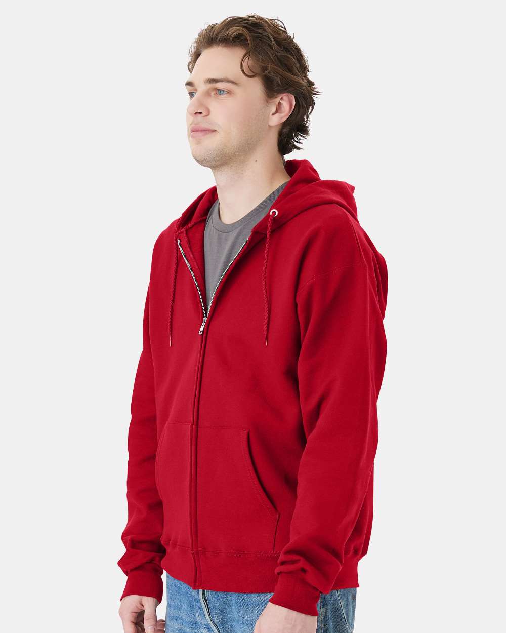 Unisex Ultimate Cotton® Full-Zip Hooded Sweatshirt - OnModelSide - B20400223 - Deep Red