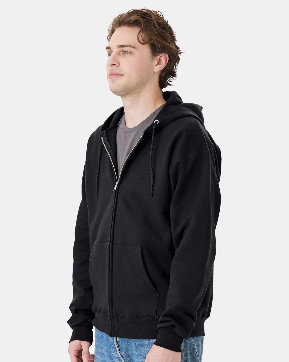 Unisex Ultimate Cotton® Full-Zip Hooded Sweatshirt - OnModelSide - B20400503 - Black