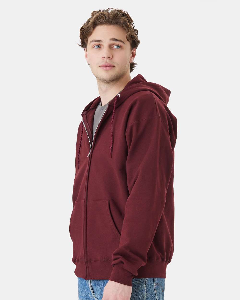 Unisex Ultimate Cotton® Full-Zip Hooded Sweatshirt - OnModelSide - B20400533 - Maroon