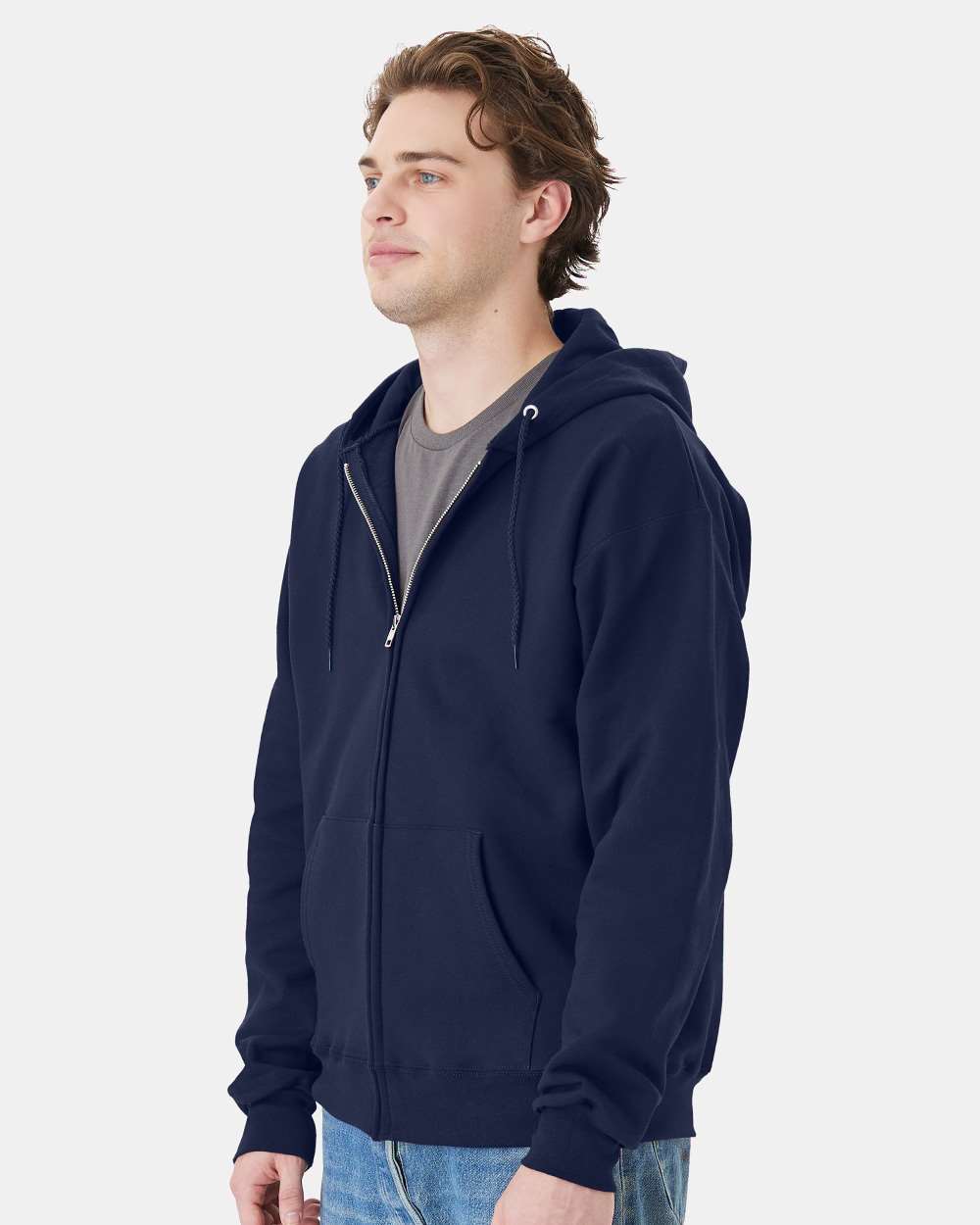 Unisex Ultimate Cotton® Full-Zip Hooded Sweatshirt - OnModelSide - B20400653 - Navy