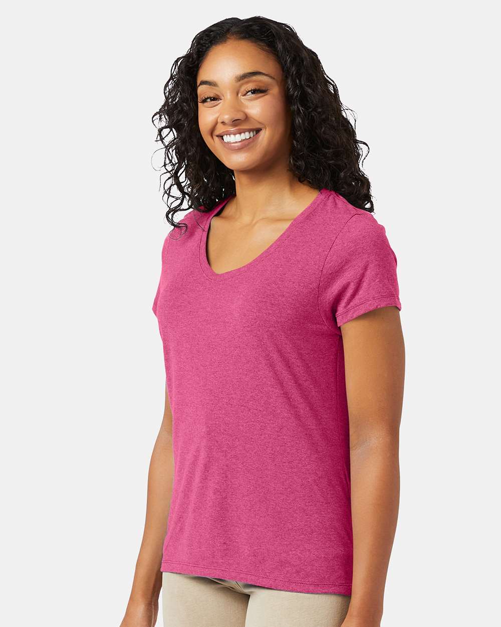 Women's Perfect-T Triblend V-Neck T-Shirt - OnModelSide - B34300303 - Jazzberry Pink Triblend