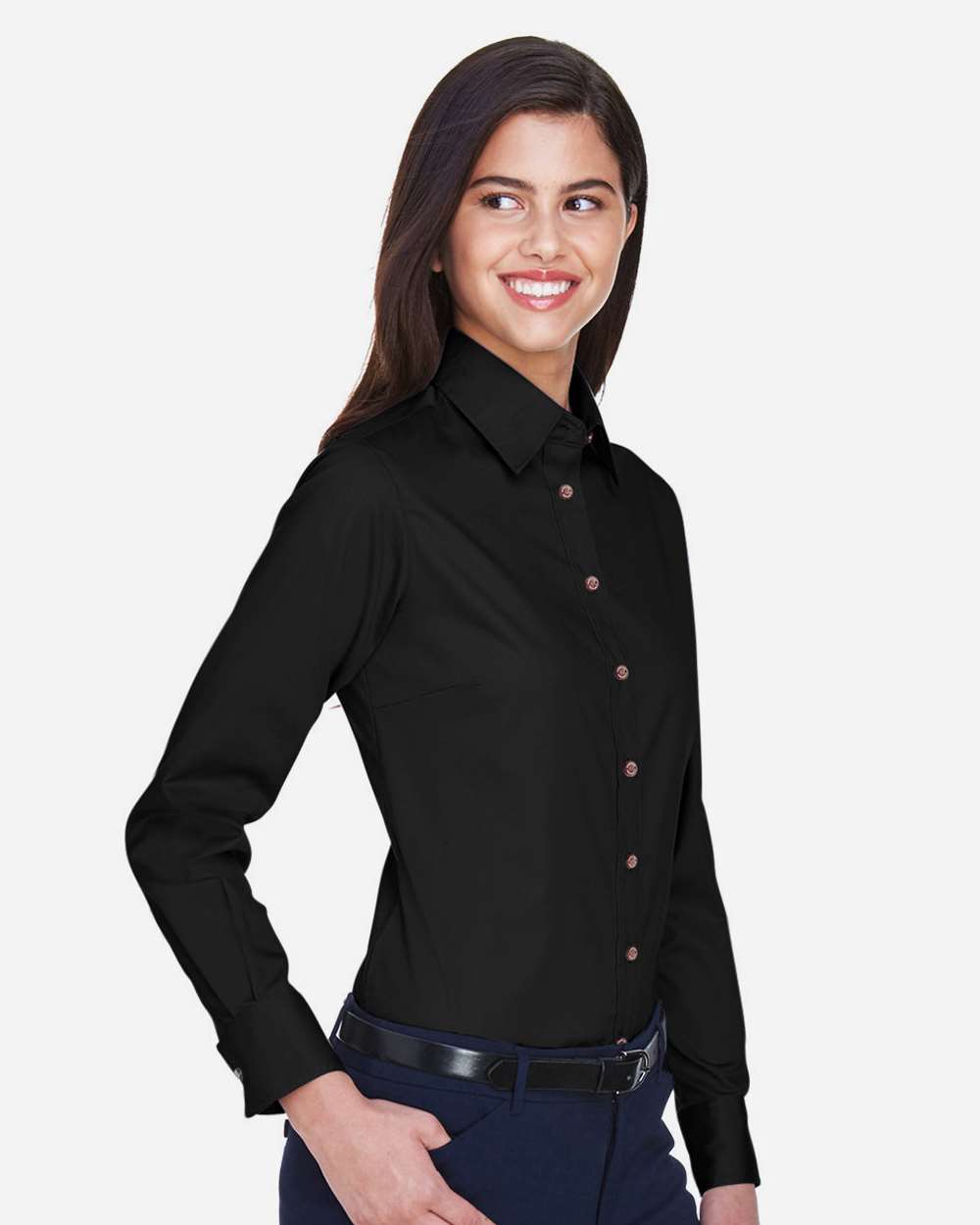 Women's Easy Blend™ Long Sleeve Twill Dress Shirt with Stain-Release - OnModelSide - B240B9502 - Black