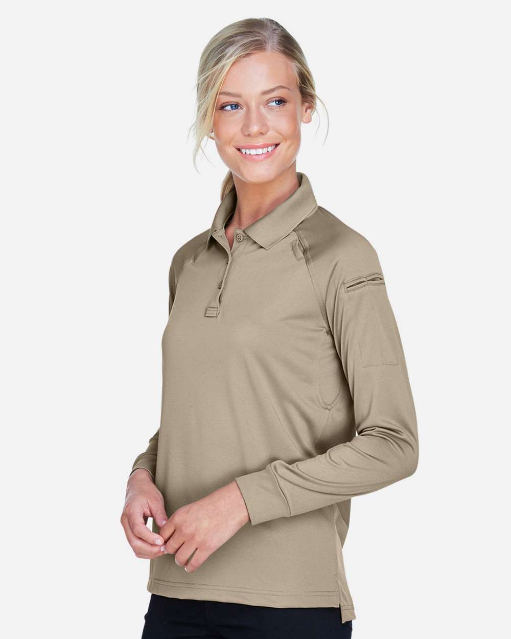 Women's Advantage Long Sleeve Tactical Polo - OnModelSide - B201B9242 - Desert Khaki