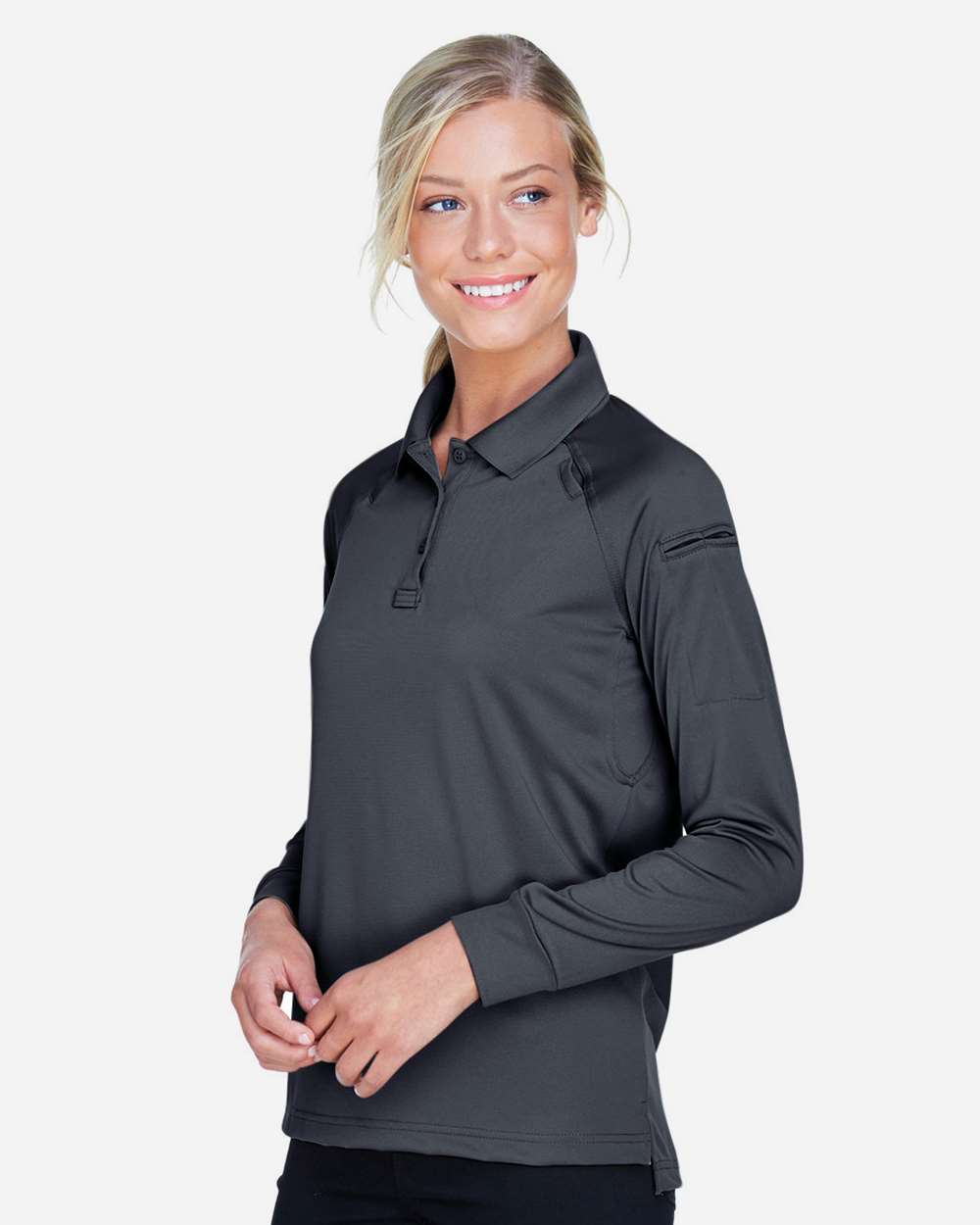 Women's Advantage Long Sleeve Tactical Polo - OnModelSide - B201B9592 - Dark Charcoal