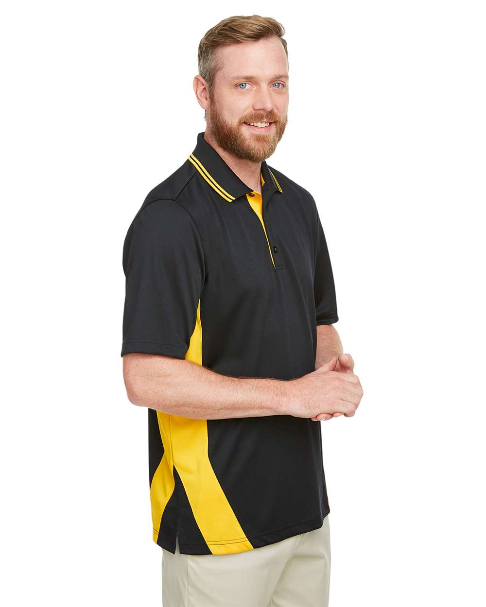 Men's Tall Flash Snag Protection Plus IL Colorblock Polo - OnModelSide - B227B9105 - Black/ Sunray Yellow