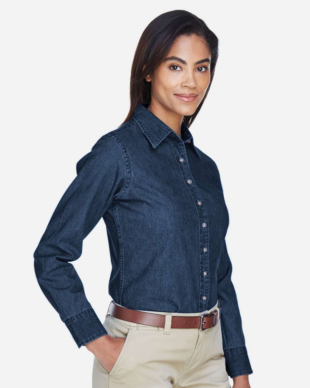 Women's Denim Shirt - OnModelSide - B250B9653 - Dark Denim