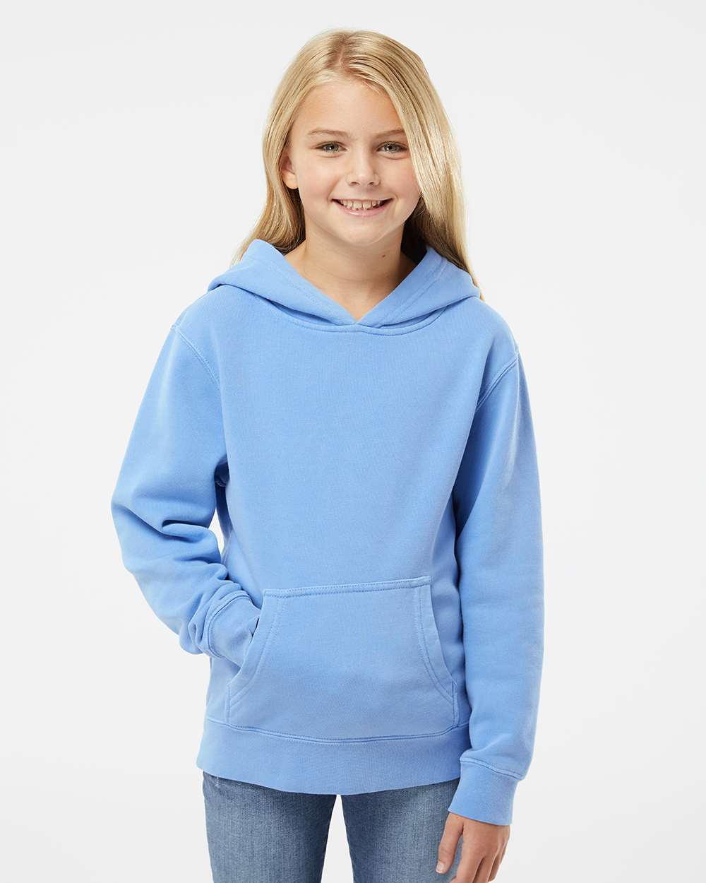 Youth Midweight Pigment-Dyed Hooded Sweatshirt - OnModelFront - B11176252 - Pigment Light Blue