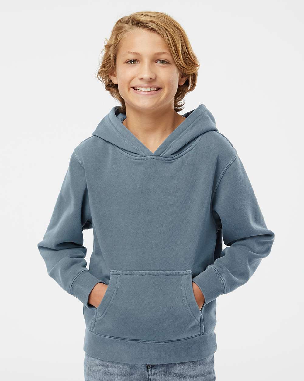 Youth Midweight Pigment-Dyed Hooded Sweatshirt - OnModelFront - B11176652 - Pigment Slate Blue