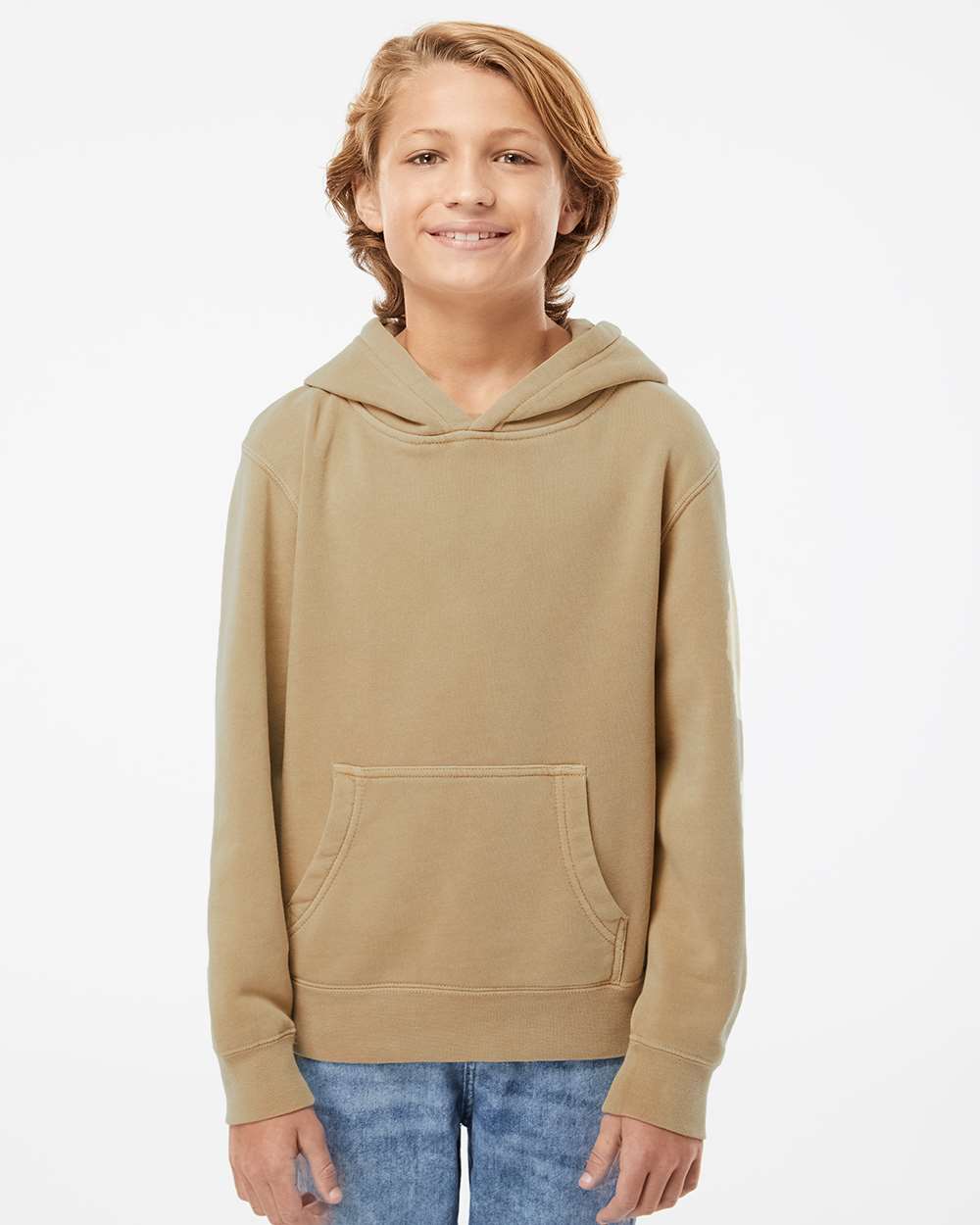 Youth Midweight Pigment-Dyed Hooded Sweatshirt - OnModelFront - B11176732 - Pigment Sandstone