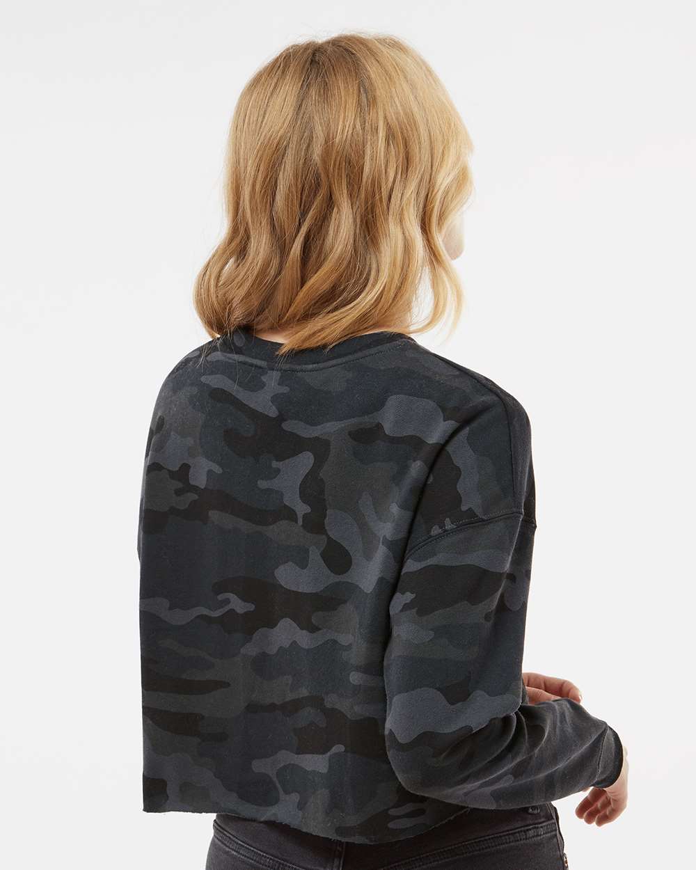 Women's Lightweight Crop Crewneck Sweatshirt - OnModelBack - B03176982 - Black Camo