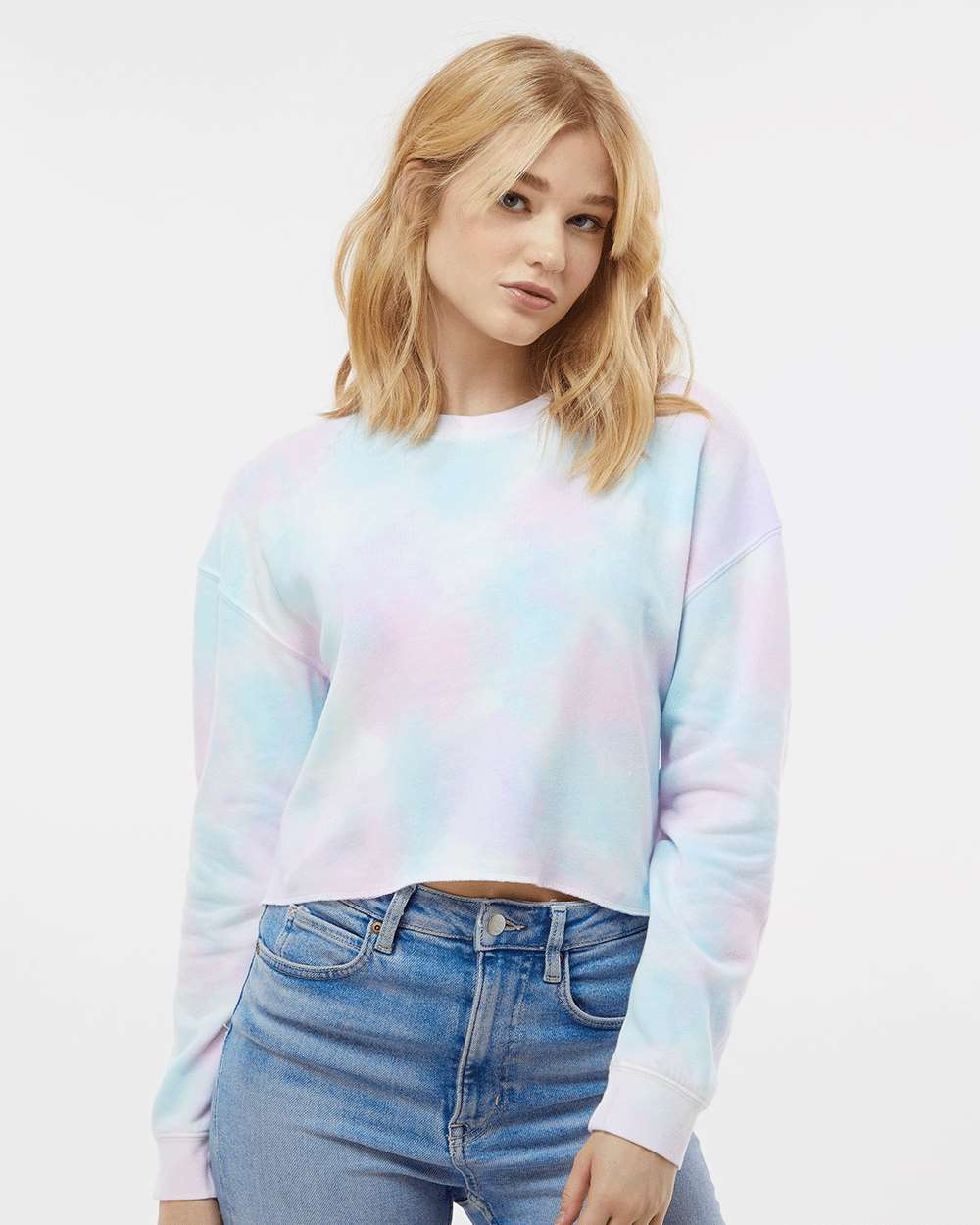 Women's Lightweight Crop Crewneck Sweatshirt - OnModelFront - B03176102 - Tie Dye Cotton Candy
