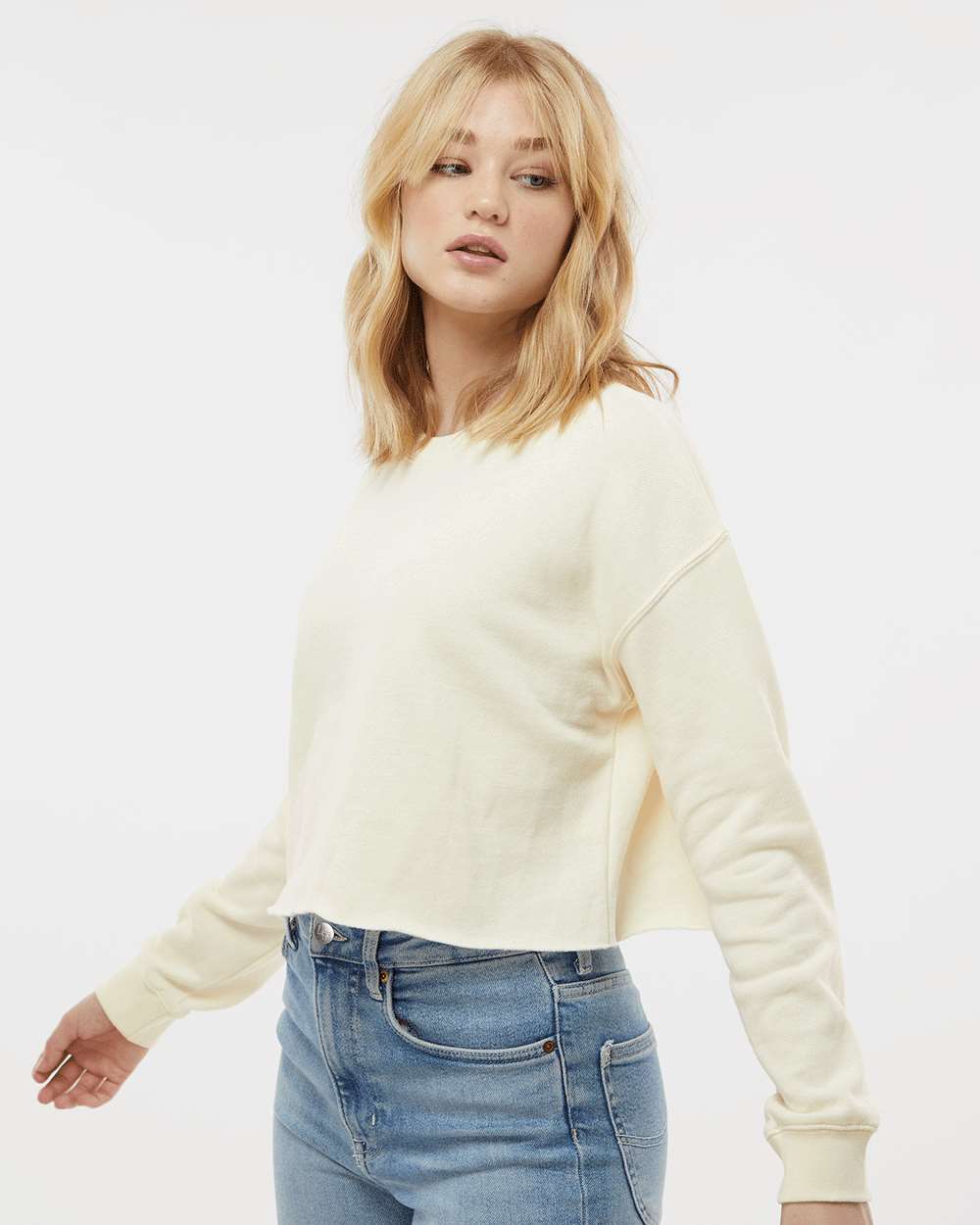 Women's Lightweight Crop Crewneck Sweatshirt - OnModelSide - B03176242 - Bone