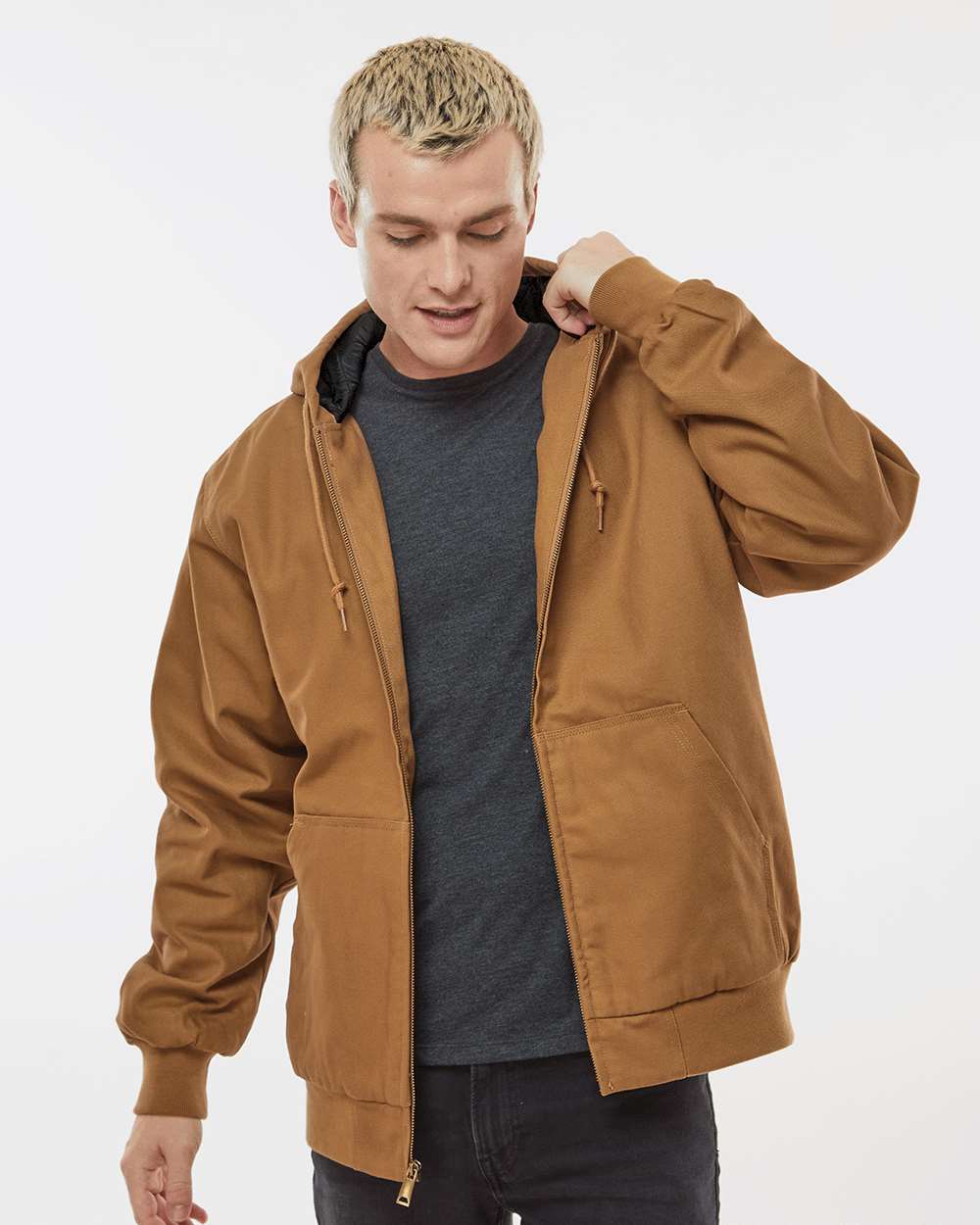 Men's Insulated Canvas Workwear Jacket - OnModelFront - B03276552 - Saddle