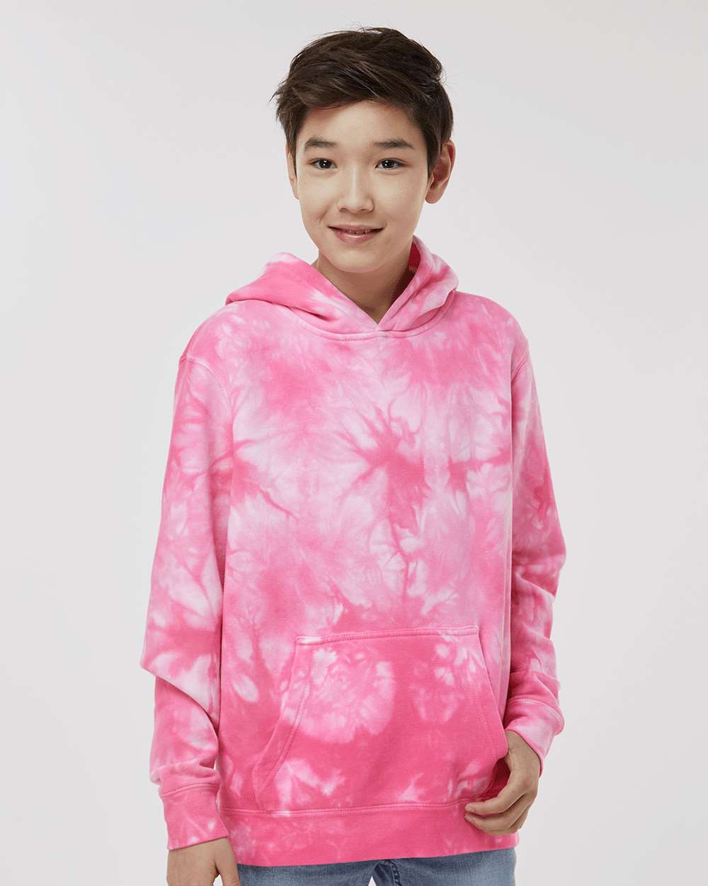 Youth Midweight Tie-Dyed Hooded Sweatshirt - OnModelFront - B03576102 - Tie Dye Pink