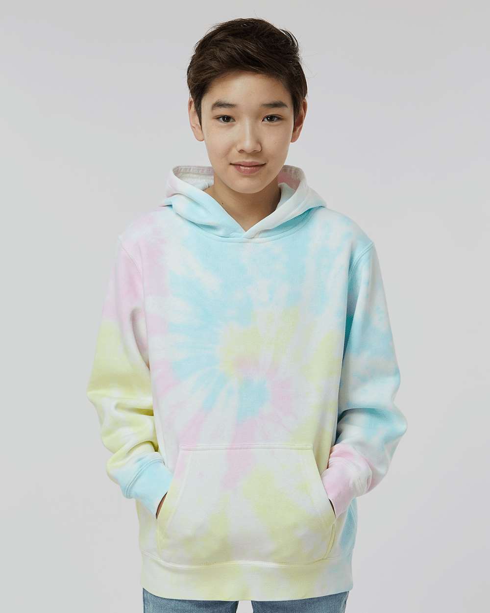 Youth Midweight Tie-Dyed Hooded Sweatshirt - OnModelFront - B03576112 - Tie Dye Sunset Swirl